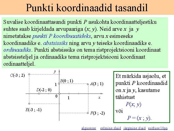 Punkti koordinaadid tasandil Suvalise koordinaattasandi punkti P asukohta koordinaatteljestiku suhtes saab kirjeldada arvupaariga (x; Punkti koordinaadid tasandil Suvalise koordinaattasandi punkti P asukohta koordinaatteljestiku suhtes saab kirjeldada arvupaariga (x;