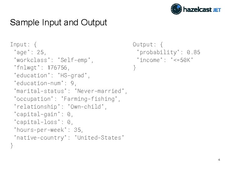 Sample Input and Output Input: { Output: { "age": 25, "probability": 0. 85 "workclass":