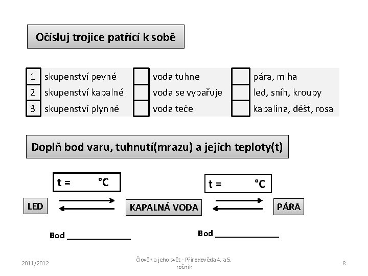 Očísluj trojice patřící k sobě 1 skupenství pevné voda tuhne pára, mlha 2 skupenství