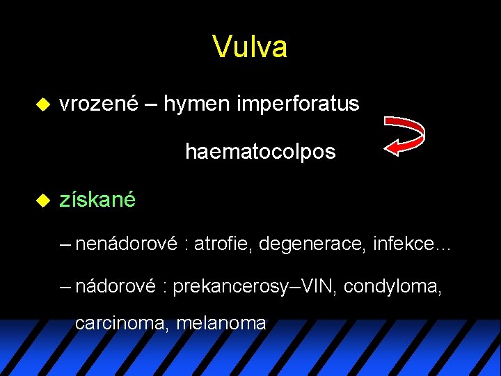Vulva u vrozené – hymen imperforatus haematocolpos u získané – nenádorové : atrofie, degenerace,