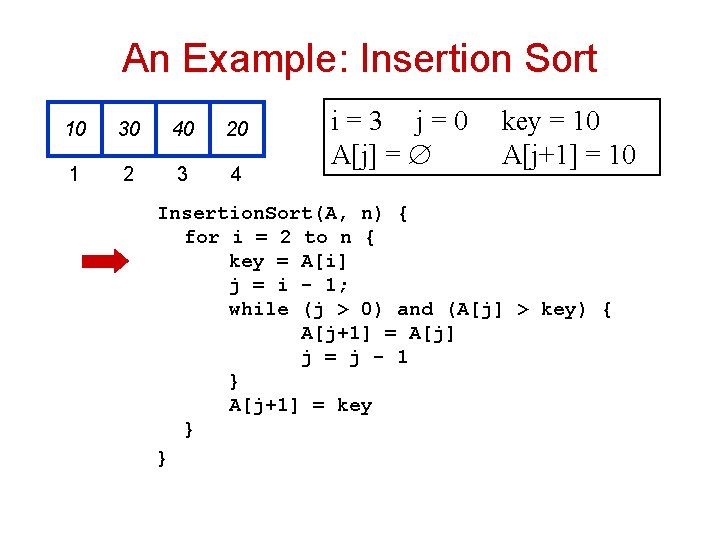An Example: Insertion Sort 10 30 40 20 1 2 3 4 i =