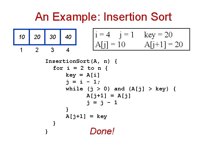 An Example: Insertion Sort 10 20 30 40 1 2 3 4 i =