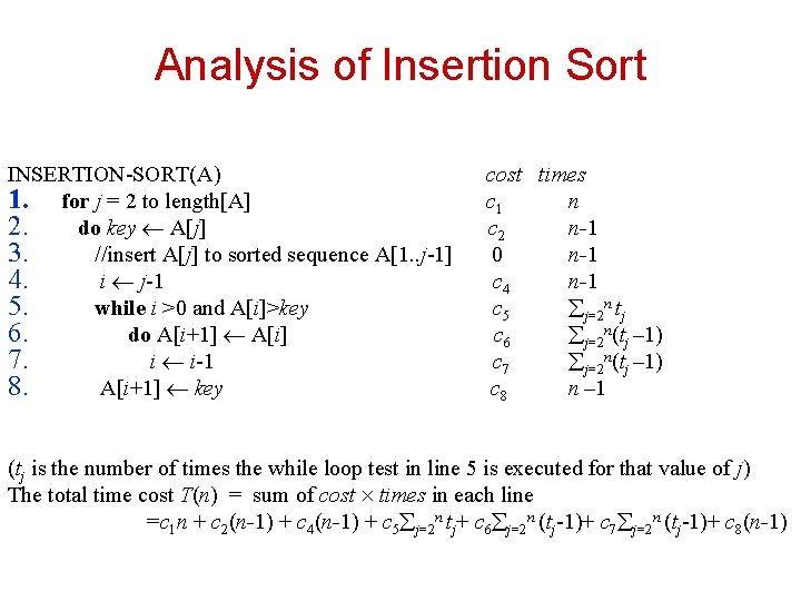 Analysis of Insertion Sort INSERTION-SORT(A) cost times 1. for j = 2 to length[A]