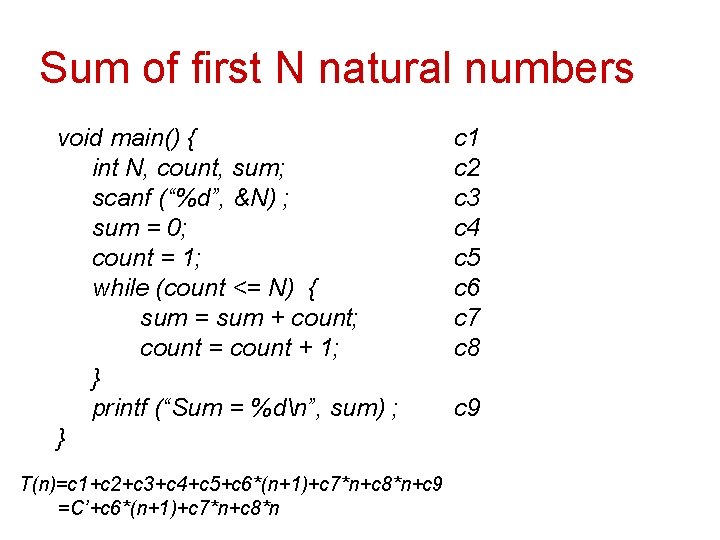 Sum of first N natural numbers void main() { int N, count, sum; scanf