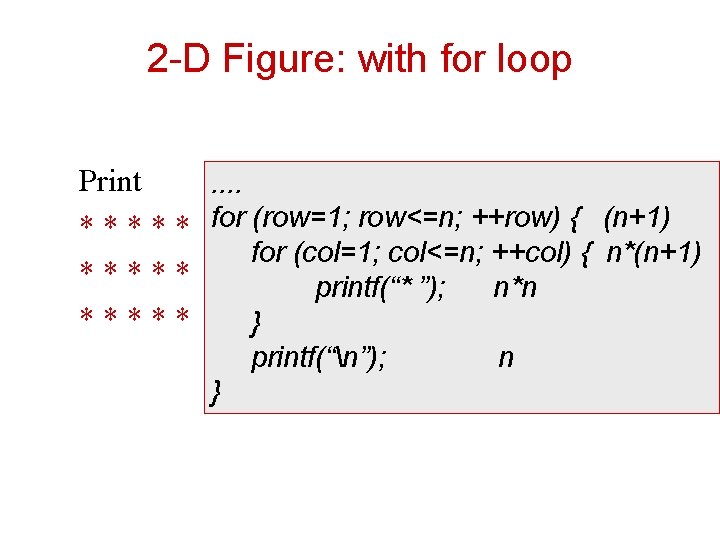 2 -D Figure: with for loop Print. . * * * for (row=1; row<=n;