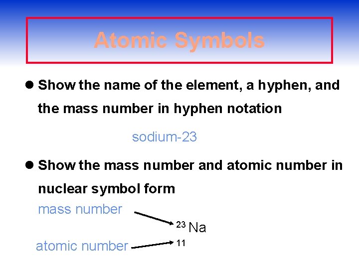 Atomic Symbols l Show the name of the element, a hyphen, and the mass