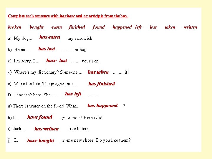 Complete each sentence with has/have and a participle from the box. broken bought eaten