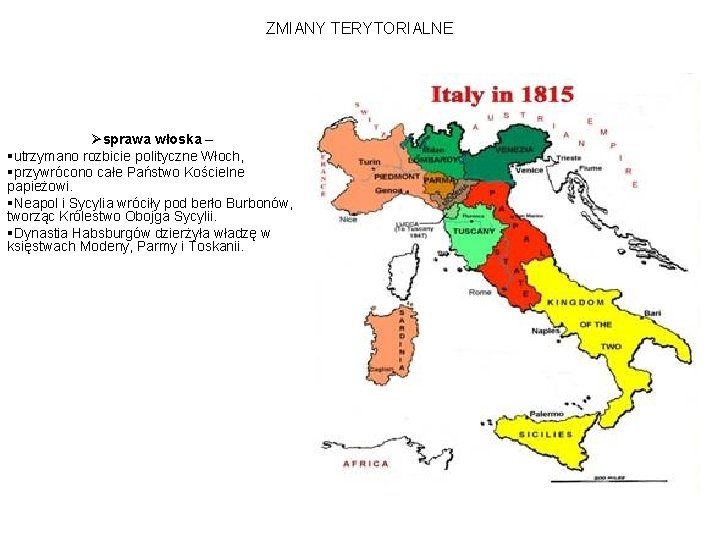 ZMIANY TERYTORIALNE Øsprawa włoska – §utrzymano rozbicie polityczne Włoch, §przywrócono całe Państwo Kościelne papieżowi.