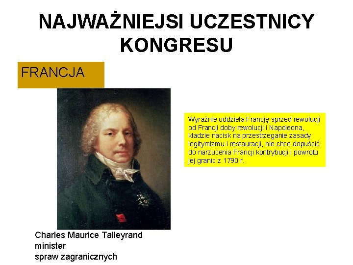 NAJWAŻNIEJSI UCZESTNICY KONGRESU FRANCJA Wyraźnie oddziela Francję sprzed rewolucji od Francji doby rewolucji i