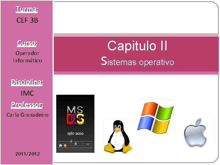 Turma: CEF 3 B Curso: Operador Informático Disciplina: IMC Professor: Carla Granadeiro 2011/2012 Capitulo