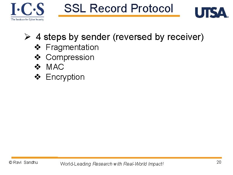 SSL Record Protocol Ø 4 steps by sender (reversed by receiver) v v ©