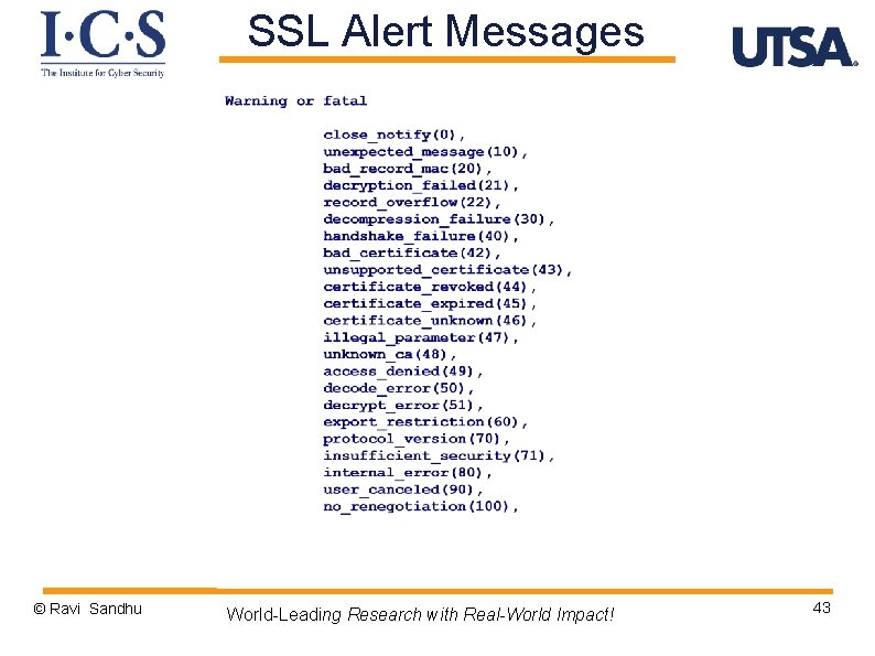 SSL Alert Messages © Ravi Sandhu World-Leading Research with Real-World Impact! 43 