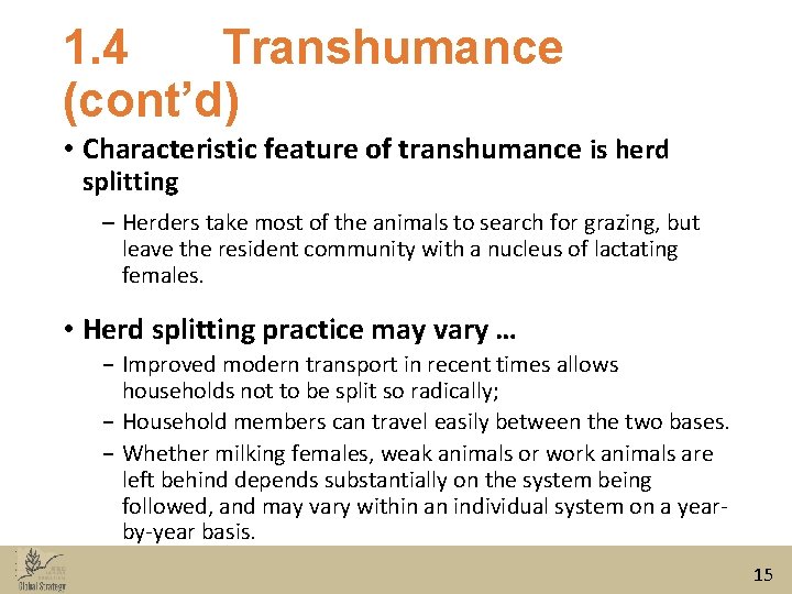 1. 4 Transhumance (cont’d) • Characteristic feature of transhumance is herd splitting ‒ Herders