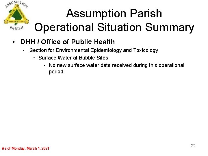 Assumption Parish Operational Situation Summary • DHH / Office of Public Health • Section