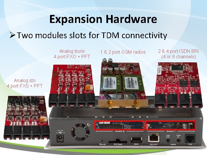 Expansion Hardware Ø Two modules slots for TDM connectivity Analog trunk 4 port FXO
