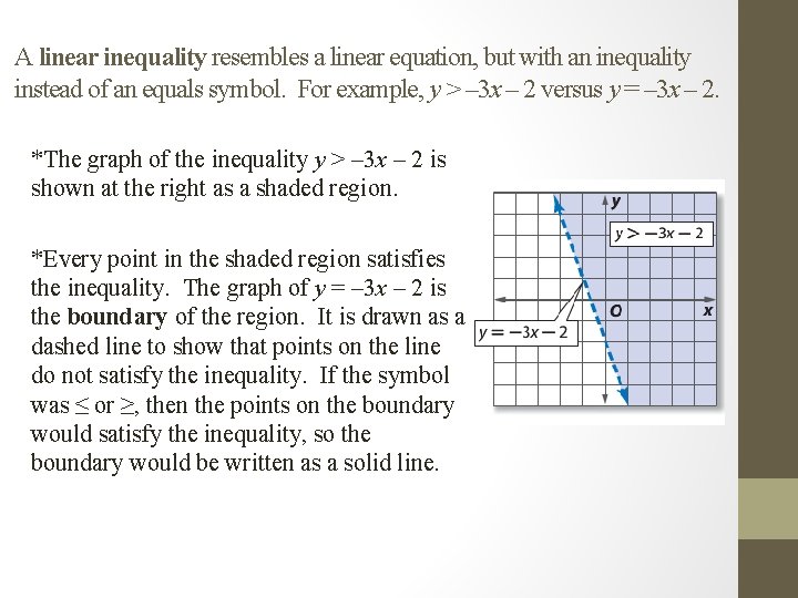 A linear inequality resembles a linear equation, but with an inequality instead of an