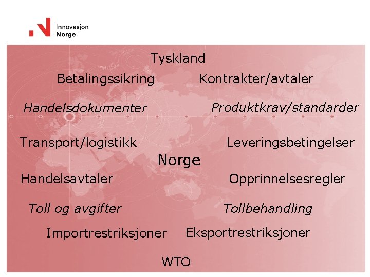 Tyskland Betalingssikring Kontrakter/avtaler Handelsteknikk Produktkrav/standarder Handelsdokumenter Leveringsbetingelser Transport/logistikk Norge Handelsavtaler Opprinnelsesregler Toll og avgifter