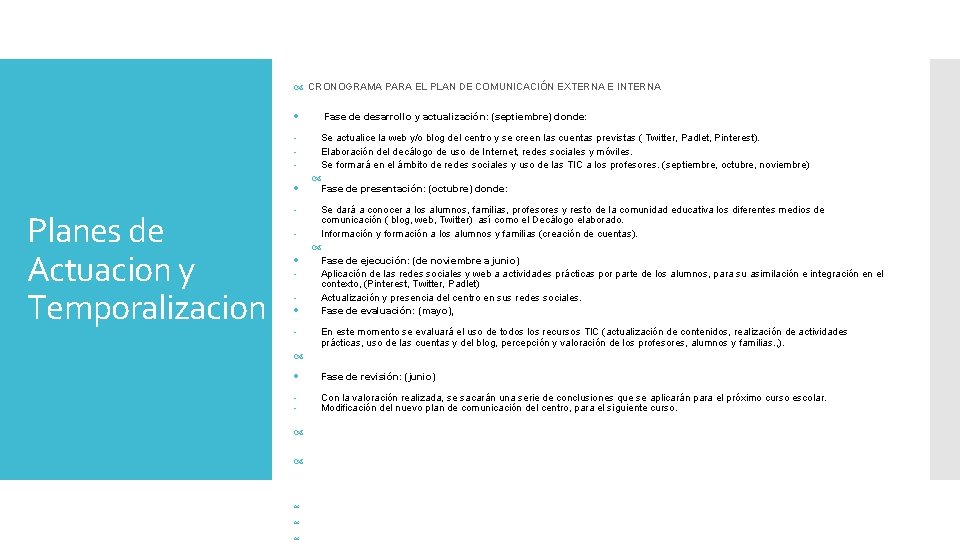 CRONOGRAMA PARA EL PLAN DE COMUNICACIÓN EXTERNA E INTERNA Fase de desarrollo y CRONOGRAMA PARA EL PLAN DE COMUNICACIÓN EXTERNA E INTERNA Fase de desarrollo y