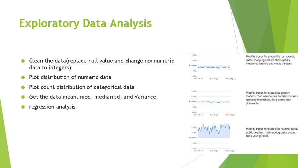 Exploratory Data Analysis Clean the data(replace null value and change nonnumeric data to integers) Exploratory Data Analysis Clean the data(replace null value and change nonnumeric data to integers)