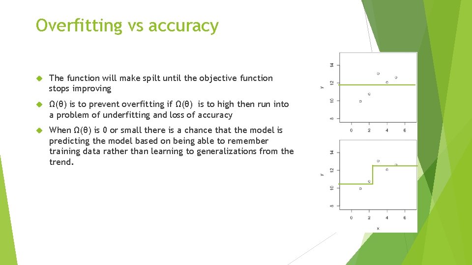 Overfitting vs accuracy The function will make spilt until the objective function stops improving Overfitting vs accuracy The function will make spilt until the objective function stops improving