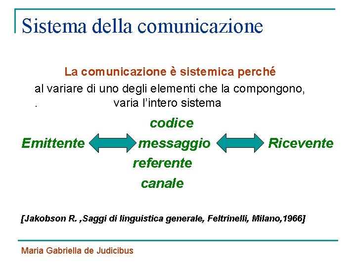 Sistema della comunicazione La comunicazione è sistemica perché al variare di uno degli elementi