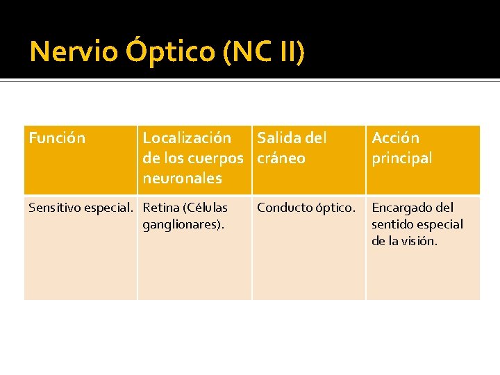 Nervio Óptico (NC II) Función Localización Salida del de los cuerpos cráneo neuronales Sensitivo