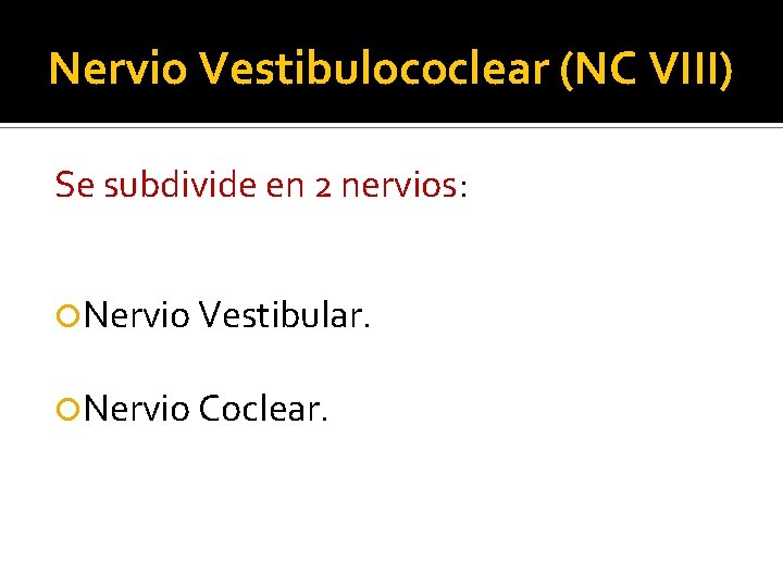 Nervio Vestibulococlear (NC VIII) Se subdivide en 2 nervios: Nervio Vestibular. Nervio Coclear. 