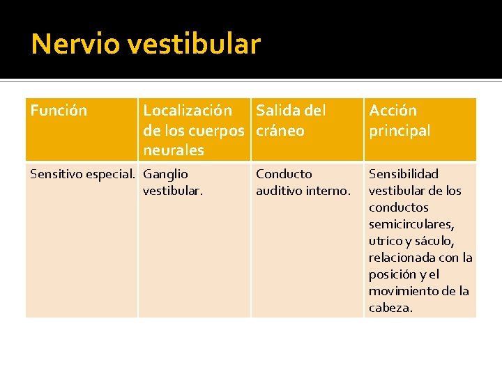 Nervio vestibular Función Localización Salida del de los cuerpos cráneo neurales Sensitivo especial. Ganglio