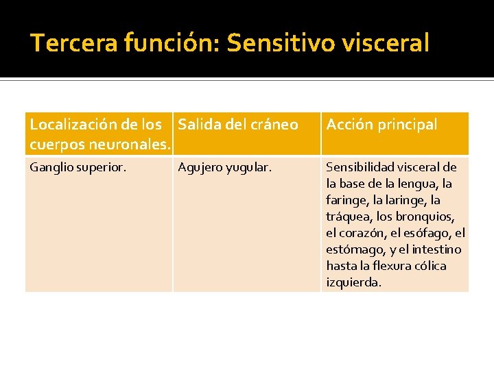 Tercera función: Sensitivo visceral Localización de los Salida del cráneo cuerpos neuronales. Acción principal