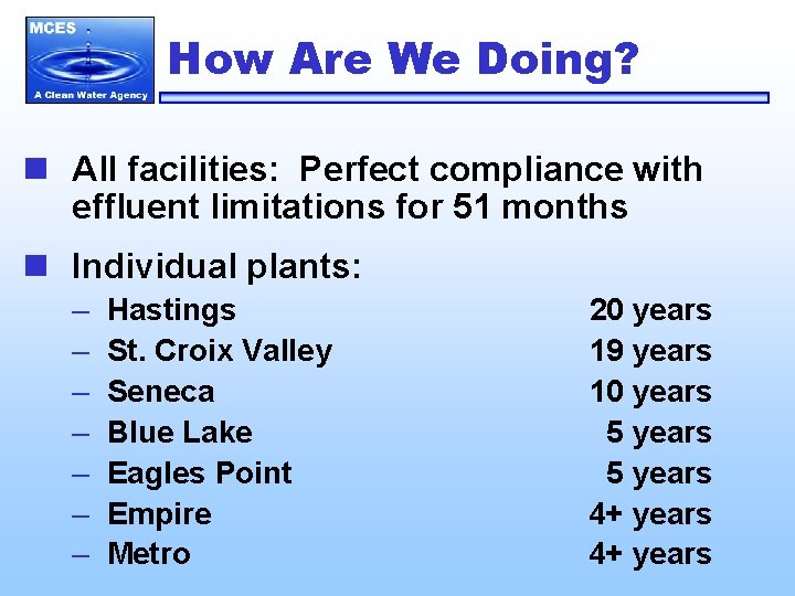 How Are We Doing? n All facilities: Perfect compliance with effluent limitations for 51