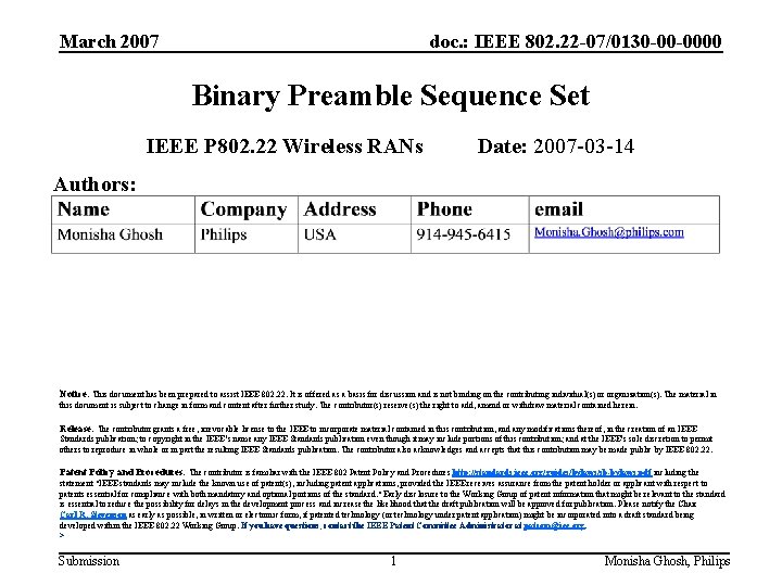 March 2007 doc. : IEEE 802. 22 -07/0130 -00 -0000 Binary Preamble Sequence Set