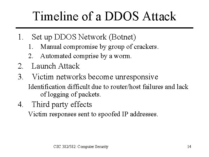 Timeline of a DDOS Attack 1. Set up DDOS Network (Botnet) 1. Manual compromise