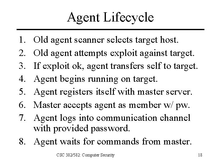 Agent Lifecycle 1. 2. 3. 4. 5. 6. 7. Old agent scanner selects target