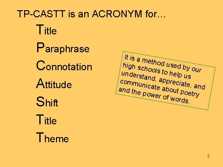 TP-CASTT is an ACRONYM for… Title Paraphrase Connotation Attitude Shift Title Theme It is