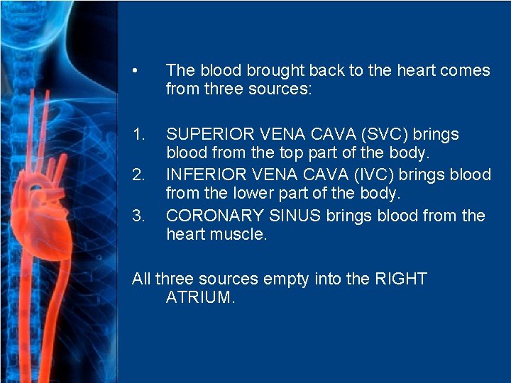  • The blood brought back to the heart comes from three sources: 1.