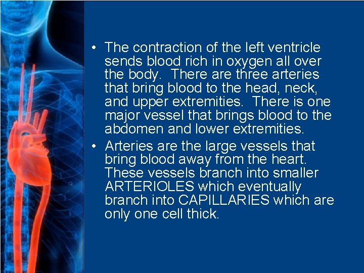  • The contraction of the left ventricle sends blood rich in oxygen all