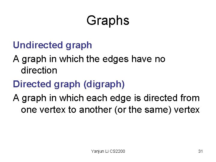Graphs Undirected graph A graph in which the edges have no direction Directed graph