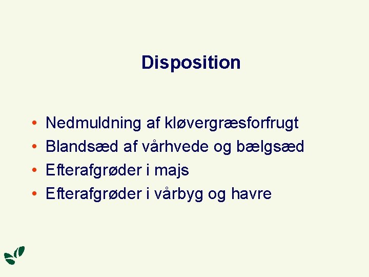 Disposition • • Nedmuldning af kløvergræsforfrugt Blandsæd af vårhvede og bælgsæd Efterafgrøder i majs