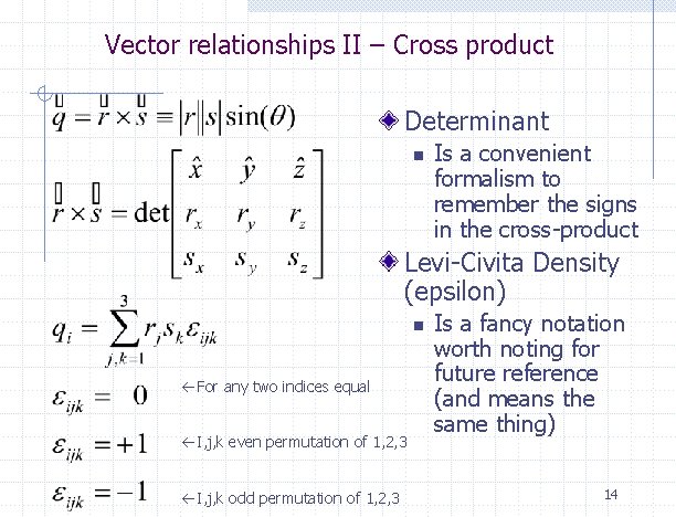 Vector relationships II – Cross product Determinant n Is a convenient formalism to remember Vector relationships II – Cross product Determinant n Is a convenient formalism to remember