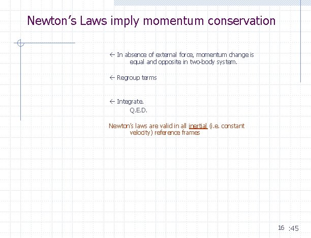 Newton’s Laws imply momentum conservation In absence of external force, momentum change is equal Newton’s Laws imply momentum conservation In absence of external force, momentum change is equal