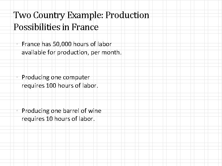 Two Country Example: Production Possibilities in France • France has 50, 000 hours of