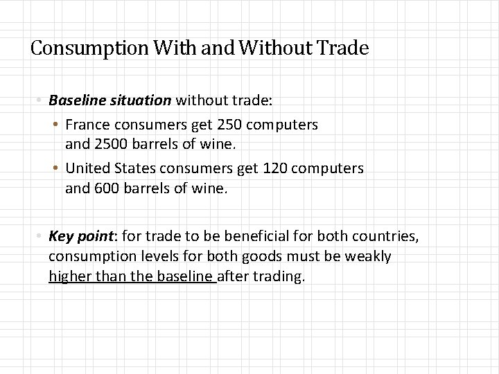 Consumption With and Without Trade • Baseline situation without trade: • France consumers get