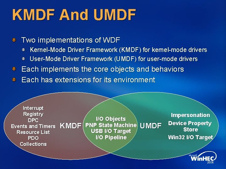 KMDF And UMDF Two implementations of WDF Kernel-Mode Driver Framework (KMDF) for kernel-mode drivers