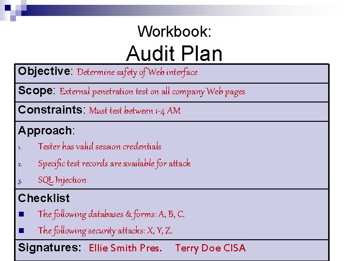 Workbook: Audit Plan Objective: Determine safety of Web interface Scope: External penetration test on