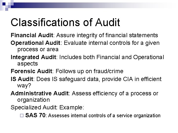 Classifications of Audit Financial Audit: Assure integrity of financial statements Operational Audit: Evaluate internal