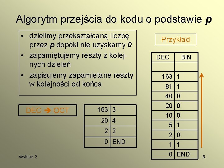 Algorytm przejścia do kodu o podstawie p • dzielimy przekształcaną liczbę przez p dopóki