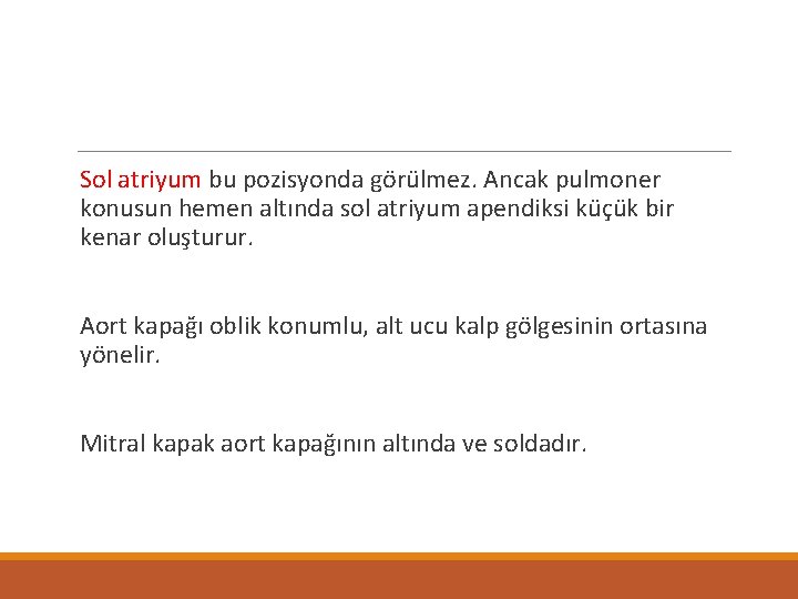  Sol atriyum bu pozisyonda görülmez. Ancak pulmoner konusun hemen altında sol atriyum apendiksi