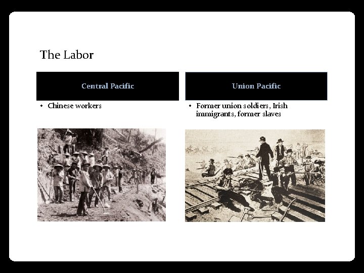 The Labor Central Pacific • Chinese workers Union Pacific • Former union soldiers, Irish