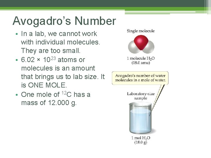 Avogadro’s Number • In a lab, we cannot work with individual molecules. They are