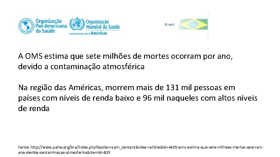 A OMS estima que sete milhões de mortes ocorram por ano, devido a contaminação